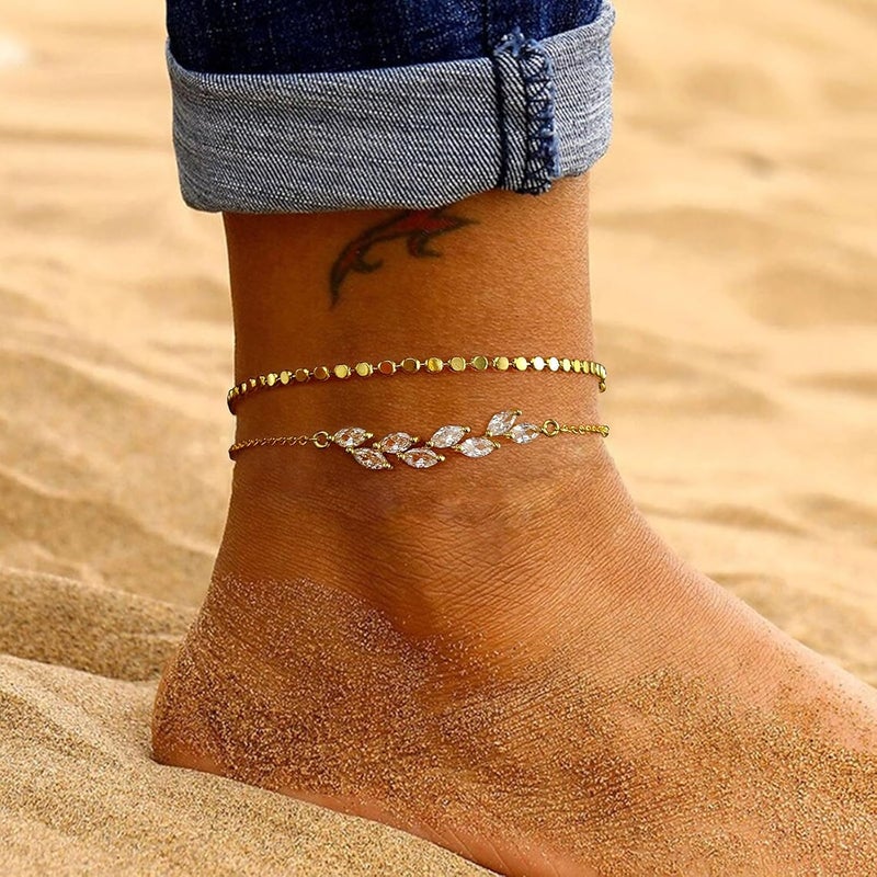 MIDEEO Gold/Silver Ankle Bracelets for Women,14K Gold Anklets for Women Waterproof Cuban Link Heart Beads Herringbone Rhinestone Anklets Set Layered Anklet Bracelets for Women Gold Jewelry Gift - Image 3